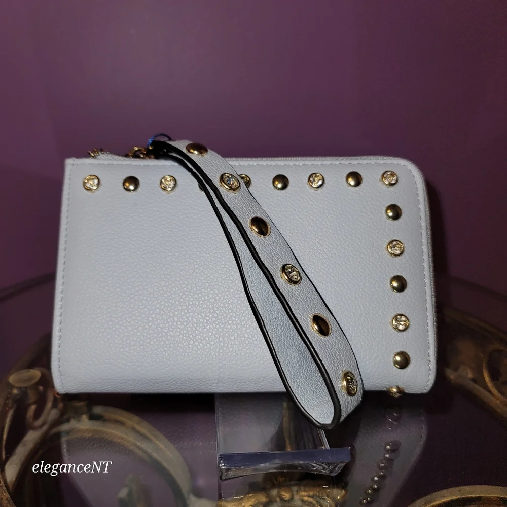 DS Bags Light Blue Studded wristlet wallet clutch with gem studded border NWT - Picture 5 of 11